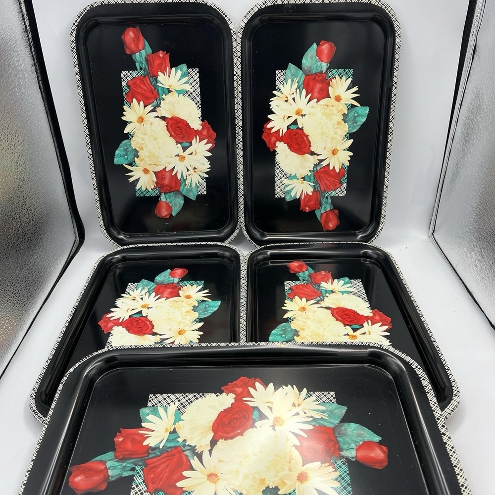 5 Vintage 1950's Toleware Metal Serving Tray Black Floral 9" x 14"‎ Retro MCM